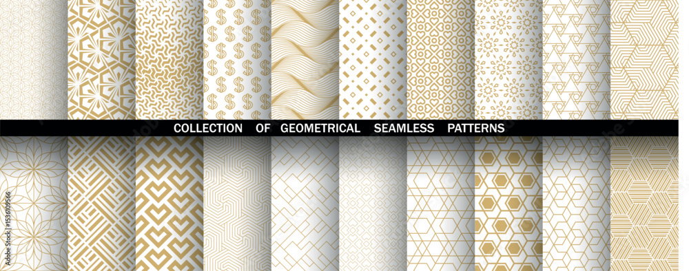 Poster Geometric set of seamless golden and white patterns. Simple vector graphics