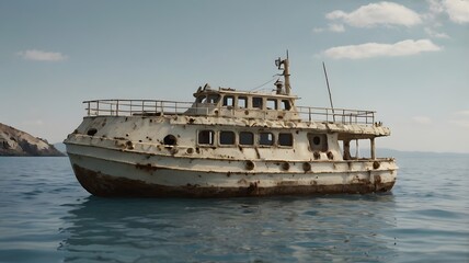 old boat in the sea.Derelict and Rusty: Abandoned Fishing Boat Shipwreck in the Mediterranean Sea