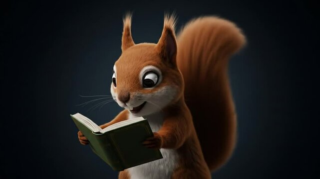 Smart Squirrel: A charming depiction of a squirrel engrossed in reading a small book, symbolizing curiosity, intelligence, and the pursuit of knowledge. 