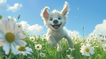  Adorable white puppy joyfully jumping over daisies in a vibrant spring scene