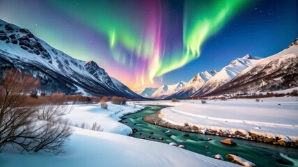 Colorful aurora borealis over snowy mountain range and turquoise river winding through a valley during winter twilight - Powered by Adobe