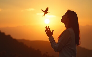 Woman praying and free bird enjoying nature on sunset background, hope concept. High quality