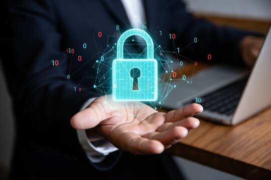 Businessman Holding Holographic Digital Padlock Cybersecurity Concept