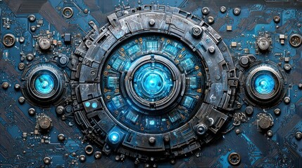 Obraz premium Futuristic, intricate circuit board with a central, glowing blue circular hub. Complex mechanical parts and glowing blue LEDs are arrayed around it. Dark blue and grey tones