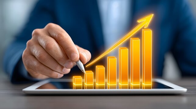 Hand pointing at a digital tablet displaying a glowing upward trend graph
