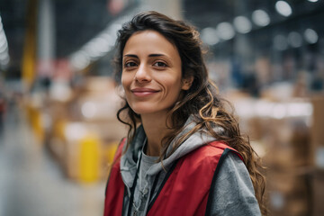 Fototapeta premium Warehouse worker with brown hair smiles in a distribution center, safety vest, and gray sweater.
