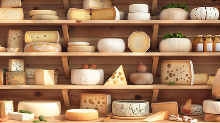 Naklejka premium A wide variety of gourmet cheeses displayed on shelves in a specialty cheese shop