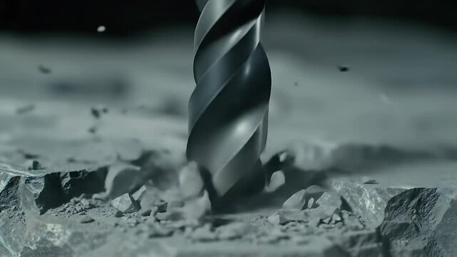 Shiny Drill Bit Drilling Into Concrete Surface with Dust Fragments And Close Up View