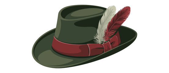 Elegant Green Fedora Hat with Red and White Feathers