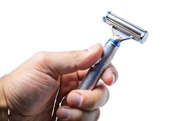 Mans Hand Holding Silver Blue Double Edge Safety Razor Closeup Studio Shot A I G E N E R A T E D isolated on a transparent background