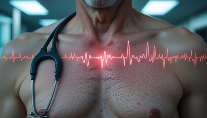 Senior man's chest with heart rhythm and stethoscope, health concept