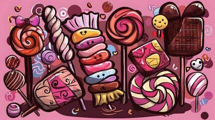 Obraz premium Colorful and playful candy illustration with lollipops and sweets on pink background
