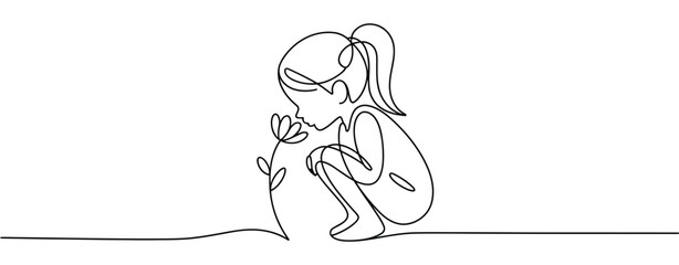 Little Girl Smelling Flower Single Line Drawing