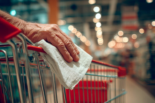 elderly woman cleaning shopping cart handle with cloth to disinfect and prevent virus spread showing care for mysophobia and hygiene.