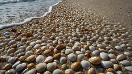 Obraz premium A beach covered in seashells with gentle waves washing ashore on a sunny day at the coast line