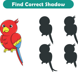 Funny cartoon parrot. find the correct shadow. Kids Education games. Cartoon vector illustration