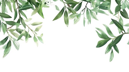 An olive branch adorned with lush green leaves is beautifully isolated on a clean white background, a symbol of peace and tranquility created by generative AI. The fresh and vibrant leaves enhance the
