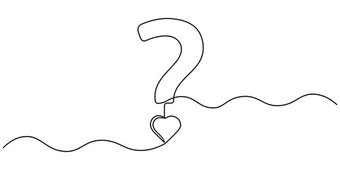 heart question mark - Concept of love issues. continuous line illustration. one line vector, heart question mark continuous one line drawing, Single line drawing of a question mark, Question mark one