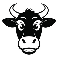 A stylized monochrome cartoon cow face gazes forward with big endearing eyes and small horns