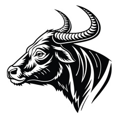 Detailed wildebeest head depicts black markings and curved horns with white background