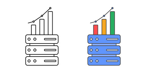 Auto-scaling icon with a server and growing bar chart above it, in outline and color styles, ideal for cloud infrastructure and dynamic resource management.