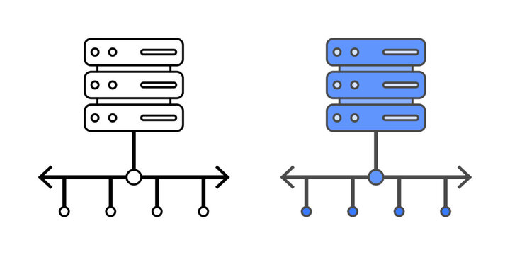 Load balancer icon with a server and split arrows pointing left and right, shown in outline and color styles, ideal for cloud infrastructure and network traffic distribution.