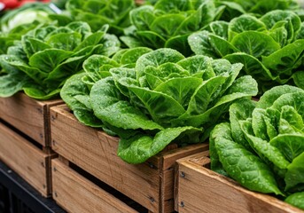 Fresh Green Romaine Lettuce in Wooden Crates at a Local Farmers Market Surrounded by Vibrant Vegetables and Healthy Produce Display