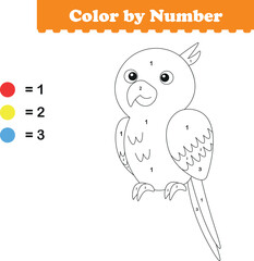 Color by numbers. Coloring page for kids. Coloring with cute parrot. Vector illustration