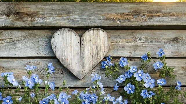 A weathered wooden heart decorates a rustic wooden wall, adorned with a profusion of vibrant blue flowers