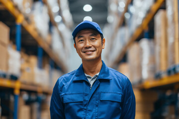 Smiling worker in blue uniform inside a warehouse, showcasing a friendly face in distribution setting.
