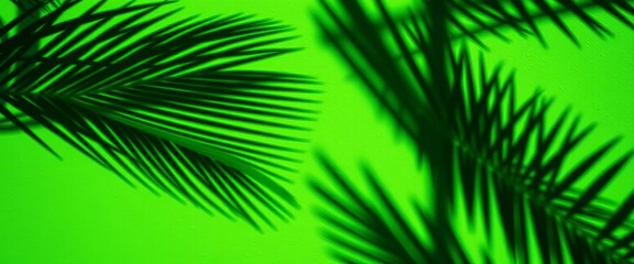 Abstract shadows of palm leaves cast on a vibrant green wall, creating a textured background,  summer,  wallpaper