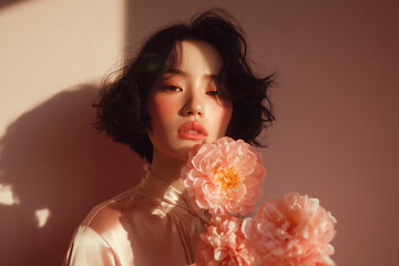 Elegant woman with peonies: Soft light illuminates her face, highlighting the flowers and serene beauty.