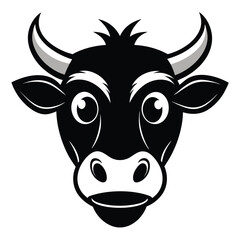 A monochrome cartoon cow head stares forward with curved horns and big eyes