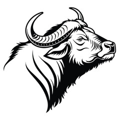 Black and white presents the muscular side profile of an ox with horns