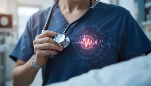 Nurse with stethoscope and digital heartbeat graphic in hospital setting
