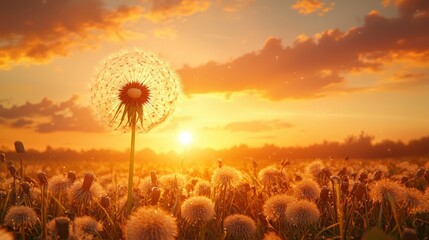 Golden sunset over a field of dandelions, with a prominent dandelion seed head