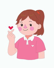Smiling cartoon girl with ponytail and pink shirt making finger heart sign with red heart. Perfect for love, kindness, or emotion themed projects. Flat, pastel color illustration.