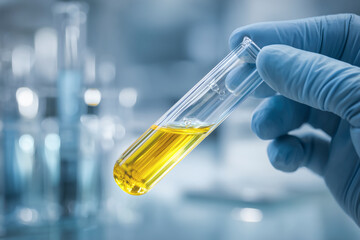 Laboratory analysis: gloved hand holds test tube with yellow liquid in a scientific lab setting.