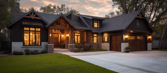 Naklejka premium Inviting Craftsman Home Exterior at Dusk, Showcasing Architectural Design and Family Comfort, Ideal for Real Estate Marketing and Home Improvement : Generative AI