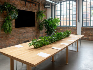  modern conference room with a long wooden table featuring green plants in the center, surrounded by chairs, exposed brick walls, large industrial windows, and a TV screen.