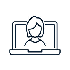 Laptop, girl face. Concept online lesson, stream. Vector Linear icon isolated on white background.