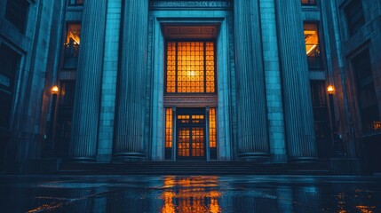 Fototapeta premium Grand, imposing building entrance at night