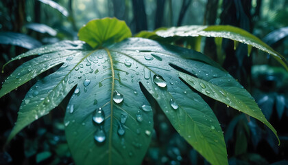 Close-up of a large green leaf adorned with sparkling water droplets. Evokes freshness, growth, and lush nature after rain.