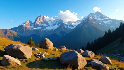 Majestic mountains with large rocks in a grassy meadow.