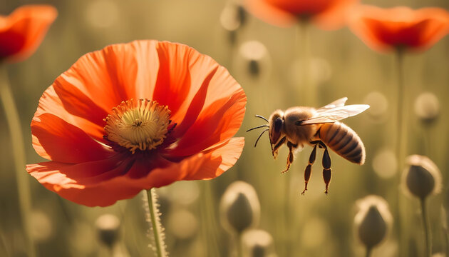 A honey bee approaches a vivid red poppy, with soft blurred background flowers. Highlights nature's delicate balance.