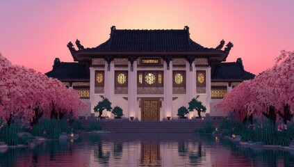 Pixelated Chinese Temple Reflecting in Water at Sunset, Representing Cultural Heritage and Architectural Preservation, Ideal for Travel and Tourism Campaigns : Generative AI