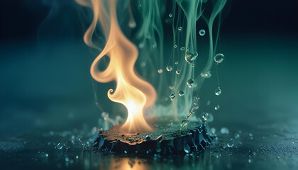 A captivating abstract image showing a bright, orange flame rising amidst splashing water droplets and green mist. Demonstrates unusual chemical reaction.