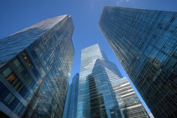 Obraz premium Modern Glass Skyscrapers Reaching Towards Blue Sky, Symbolizing Urban Development and Corporate Success in Real Estate Investments : Generative AI