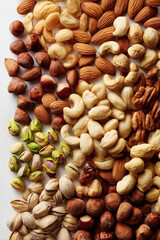 Assorted nuts displayed against a white backdrop, featuring almonds, cashews, pecans, hazelnuts and pistachios.