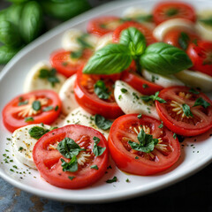 Caprese salad featuring fresh mozzarella, tomatoes, and basil arranged artistically on a plate, professional food photo with a vibrant color palette and appealing presentation.